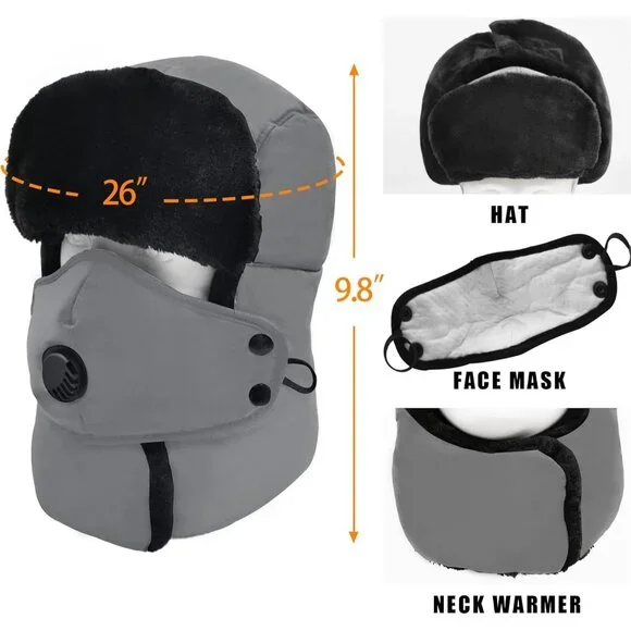 Unisex Gray Winter Trapper Hat Russian with Ear Flap Mask Aviator Cold Weather - Picture 3 of 6